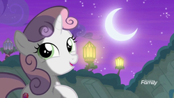 Size: 1280x720 | Tagged: safe, screencap, sweetie belle, pony, unicorn, g4, surf and/or turf, crescent moon, cute, female, filly, moon, moonlight, night, raised hoof, solo, your heart is in two places
