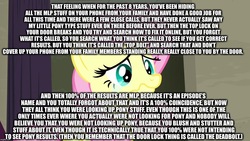 Size: 1280x720 | Tagged: safe, edit, edited screencap, screencap, fluttershy, g4, top bolt, crying, door, image macro, lock, meme, phone, relatable, text, wall of text