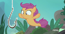 Size: 1280x680 | Tagged: safe, edit, edited screencap, screencap, scootaloo, fish, pegasus, pony, seapony (g4), g4, surf and/or turf, 1000 years in photoshop, bubble, coral, cute, cutealoo, discovery family, discovery family logo, dorsal fin, female, filly, fin, fin wings, fins, fish tail, flowing mane, flowing tail, foal, hook, logo, ocean, rock, sea-mcs, seaponified, seapony scootaloo, seaquestria, seaweed, smiling, solo, species swap, spread wings, swimming, tail, teeth, underwater, water, wings