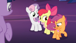 Size: 1920x1080 | Tagged: safe, screencap, apple bloom, scootaloo, sweetie belle, twilight sparkle, earth pony, pegasus, pony, unicorn, g4, surf and/or turf, booty call, cutie mark crusaders, female, filly, glowing cutie mark, mare, raised hoof, twilight sparkle (alicorn)