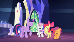 Size: 1920x1080 | Tagged: safe, screencap, apple bloom, scootaloo, sweetie belle, twilight sparkle, alicorn, earth pony, pegasus, pony, unicorn, g4, surf and/or turf, booty call, cutie mark crusaders, eyes closed, female, filly, glowing cutie mark, mare, raised hoof, twilight sparkle (alicorn)
