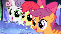 Size: 1920x1080 | Tagged: safe, screencap, apple bloom, scootaloo, sweetie belle, earth pony, pegasus, pony, unicorn, g4, surf and/or turf, adorabloom, cute, cutealoo, cutie mark crusaders, diasweetes, female, filly, mare, open mouth, wide eyes