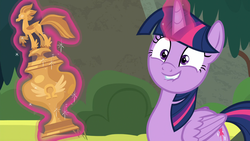 Size: 1920x1080 | Tagged: safe, screencap, twilight sparkle, alicorn, pony, g4, surf and/or turf, adorkable, cute, discovery family logo, dork, faic, female, lip bite, mare, trophy, twiabetes, twilight sparkle (alicorn)