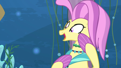 Size: 1920x1080 | Tagged: safe, screencap, ocean flow, seapony (g4), g4, surf and/or turf, bubble, collar, coral, female, fins, happy, jewelry, necklace, ocean, open mouth, open smile, purple eyes, purple mane, seaquestria, seaweed, smiling, solo, swimming, underwater, water