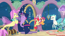 Size: 1920x1080 | Tagged: safe, screencap, apple bloom, ocean flow, scootaloo, sweetie belle, terramar, twilight sparkle, alicorn, earth pony, pegasus, pony, seapony (g4), unicorn, g4, season 8, surf and/or turf, bubble, clothes, coral, cropped, cute, cutie mark crusaders, dishes, dorsal fin, female, filly, fin, fin wings, fins, fish tail, flowing mane, flowing tail, foal, horn, jewelry, looking at each other, looking at someone, mare, necklace, ocean, open mouth, open smile, ribbon, scales, sea-mcs, seaponified, seapony apple bloom, seapony scootaloo, seapony sweetie belle, seapony twilight, seaquestria, seaweed, see-through, smiling, species swap, swimming, table, tail, treasure chest, twiabetes, twilight sparkle (alicorn), underwater, water, wings