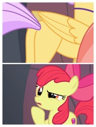 Size: 3106x4096 | Tagged: safe, edit, edited screencap, screencap, apple bloom, classical hippogriff, earth pony, hippogriff, pony, g4, surf and/or turf, bow, butt, cutie mark, female, filly, hair bow, out of context, plot, the cmc's cutie marks, thinking