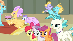 Size: 1920x1080 | Tagged: safe, screencap, apple bloom, honeyfish, morning horizon, scootaloo, stratus gypsum, sundown horizon, sweetie belle, terramar, classical hippogriff, earth pony, hippogriff, pegasus, pony, seapony (g4), unicorn, g4, surf and/or turf, baby, baby seapony (g4), cake, cutie mark crusaders, female, filly, food, male, smiling, unnamed character, unnamed hippogriff