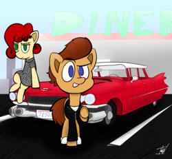 Size: 1300x1200 | Tagged: safe, artist:icy wind, oc, unnamed oc, earth pony, pony, 59 cadillac, cadillac, car, clothes, diner, female, greaser, jacket, leather jacket, male, mare, rockabilly, sitting, stallion