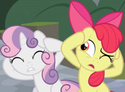 Size: 1463x1079 | Tagged: safe, screencap, apple bloom, sweetie belle, earth pony, pony, unicorn, g4, surf and/or turf, covering ears, cropped, duo, duo female, female, filly, foal