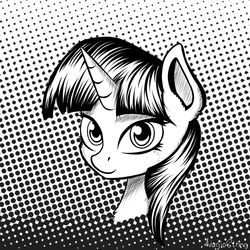 Size: 2000x2000 | Tagged: safe, artist:adagiostring, twilight sparkle, pony, g4, black and white, bust, cannon, comic style, cute, eye, eyes, female, halftone, hatching (technique), high res, monochrome, portrait, solo