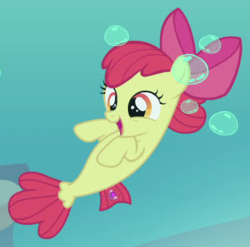 Size: 385x380 | Tagged: safe, screencap, apple bloom, earth pony, seapony (g4), g4, surf and/or turf, bubble, crepuscular rays, cropped, cute, dorsal fin, female, filly, fin, fish tail, flowing mane, flowing tail, happy, ocean, open mouth, open smile, ribbon, scales, sea-mcs, seaponified, seapony apple bloom, smiling, solo, species swap, sunlight, swimming, tail, underwater, water