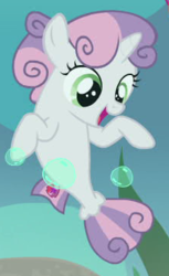 Size: 220x360 | Tagged: safe, screencap, sweetie belle, seapony (g4), unicorn, g4, surf and/or turf, bubble, crepuscular rays, cropped, dorsal fin, female, filly, fin, fish tail, flowing mane, flowing tail, happy, horn, ocean, open mouth, open smile, scales, sea-mcs, seaponified, seapony sweetie belle, seaweed, smiling, solo, species swap, sunlight, swimming, tail, underwater, water