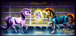 Size: 1600x758 | Tagged: safe, artist:amalgamzaku, starlight glimmer, sunburst, pony, unicorn, g4, blushing, book, bookshelf, crying, female, glowing horn, horn, library, male, realistic, ship:starburst, shipping, straight