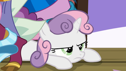 Size: 1920x1080 | Tagged: safe, screencap, sweetie belle, pony, unicorn, g4, surf and/or turf, female, grumpy belle, prone, solo, sweetie belle is not amused, unamused