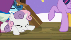 Size: 600x337 | Tagged: safe, screencap, sweetie belle, twilight sparkle, alicorn, pony, unicorn, g4, surf and/or turf, animated, annoyed, female, frown, solo focus, spitting, sweetie belle is not amused, twilight sparkle (alicorn), unamused