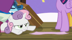 Size: 600x337 | Tagged: safe, edit, edited screencap, screencap, sweetie belle, twilight sparkle, alicorn, pony, g4, surf and/or turf, animated, annoyed, eating, fabric, female, frown, grumpy belle, pica, reversed, solo focus, spitting, sweetie belle is not amused, twilight sparkle (alicorn), unamused