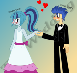 Size: 1976x1872 | Tagged: safe, artist:lovesdrawing721, flash sentry, sonata dusk, equestria girls, g4, blushing, clothes, dress, female, gradient background, holding hands, looking at each other, male, marriage, senata, shipping, smiling, straight, tuxedo, wedding, wedding dress, white dress