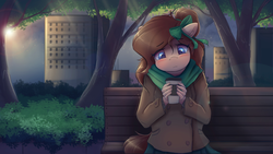 Size: 9144x5144 | Tagged: safe, artist:ardail, oc, oc only, oc:mocha latte, earth pony, anthro, absurd resolution, anthro oc, bench, bow, clothes, coat, coffee, cute, female, floppy ears, frown, hair bow, mare, park, sad, sadorable, scarf, sitting, skirt, solo, tree, vent art