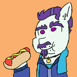 Size: 724x720 | Tagged: safe, artist:threetwotwo32232, mr. stripes, earth pony, pony, g4, 30 minute art challenge, eating, food, hot dog, male, meat, sausage, solo