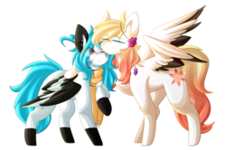 Size: 2170x1440 | Tagged: safe, artist:despotshy, oc, oc only, oc:beatz, oc:ember (cinnamontee), pegasus, pony, female, hug, mare, simple background, transparent background, two toned wings