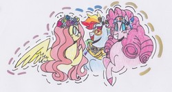 Size: 1763x945 | Tagged: safe, artist:draw1709, fluttershy, pinkie pie, rainbow dash, pony, g4, bandana, floral head wreath, flower, traditional art