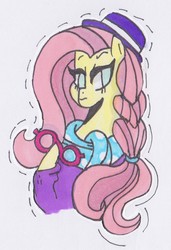 Size: 692x1013 | Tagged: safe, artist:draw1709, fluttershy, pony, fake it 'til you make it, g4, clothes, female, glasses, hat, hipstershy, solo, traditional art