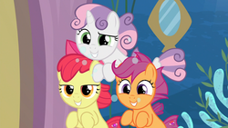 Size: 1920x1080 | Tagged: safe, screencap, apple bloom, scootaloo, sweetie belle, earth pony, pegasus, seapony (g4), unicorn, g4, surf and/or turf, bubble, cute, cutie mark crusaders, discovery family logo, dorsal fin, fin, fin wings, fins, fish tail, flowing mane, flowing tail, horn, lidded eyes, ocean, sea-mcs, seaponified, seapony apple bloom, seapony scootaloo, seapony sweetie belle, seaquestria, seaweed, smiling, smirk, species swap, tail, teeth, underwater, water, wings
