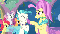 Size: 1920x1080 | Tagged: safe, screencap, apple bloom, ocean flow, scootaloo, sweetie belle, terramar, seapony (g4), g4, season 8, surf and/or turf, adorabloom, boop, bubble, clothes, cute, cutealoo, cutie mark crusaders, diasweetes, dorsal fin, eyes closed, female, fin, fin wings, fins, fish tail, flowing mane, flowing tail, green eyes, happy, jewelry, male, mother and son, necklace, ocean, oceanbetes, purple eyes, raised eyebrow, ribbon, sea-mcs, seaponified, seapony apple bloom, seapony scootaloo, seapony sweetie belle, seaquestria, see-through, smiling, species swap, sweet dreams fuel, swimming, tail, teeth, terrabetes, terramaww, underwater, water, wings