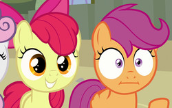 Size: 1704x1080 | Tagged: safe, edit, edited screencap, screencap, apple bloom, scootaloo, g4, surf and/or turf, :i, face swap