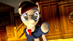 Size: 1600x900 | Tagged: safe, artist:aarondrawsarts, oc, oc:brain teaser, pony, 3d, ace attorney, clothes, courtroom, glasses, male, objection, pointing, source filmmaker, suit