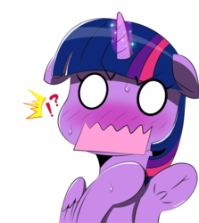 Size: 650x728 | Tagged: safe, artist:tsudashie, twilight sparkle, alicorn, pony, g4, anime, blank eyes, blushing, exclamation point, female, frog (hoof), glowing horn, horn, interrobang, looking at you, mare, question mark, shocked, simple background, solo, transparent background, twilight sparkle (alicorn), underhoof