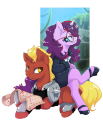 Size: 1024x1270 | Tagged: safe, artist:arctic-fox, oc, oc only, oc:aramau, oc:firebrand, pony, unicorn, buckler, clothes, commission, crossed legs, female, firemau, glasses, high heels, male, map, mare, shield, shoes, simple background, sitting on pony, skirt, skirt suit, stallion, suit, transparent background, tube skirt