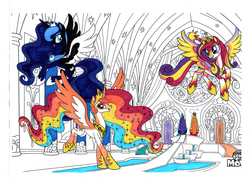 Size: 2338x1654 | Tagged: safe, artist:pandemiamichi, princess cadance, princess celestia, princess luna, pony, g4, alicorn triarchy, coloring book, marker, traditional art