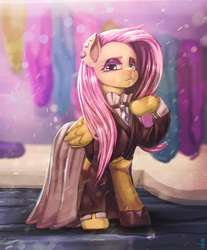 Size: 2480x2992 | Tagged: safe, artist:mrs1989, fluttershy, pegasus, pony, fake it 'til you make it, clothes, ear piercing, earring, eyeshadow, female, fluttergoth, hoof on chest, jewelry, lidded eyes, makeup, mare, piercing, snow, solo, wings