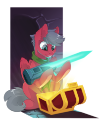 Size: 1024x1245 | Tagged: safe, artist:arctic-fox, oc, oc only, oc:disk, pegasus, pony, cave, clothes, commission, cyber sword, kirby (series), male, mega man (series), megaman battle network, scarf, simple background, sitting, solo, stallion, sword, transparent background, treasure chest, weapon