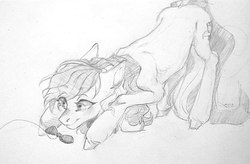 Size: 1052x691 | Tagged: safe, artist:natalia, roseluck, earth pony, pony, g4, behaving like a cat, bow, commissioner:doom9454, cute, female, fluffy, looking down, pony pet, rosepet, solo, traditional art