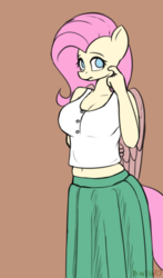 Size: 601x1024 | Tagged: safe, artist:bumpywish, fluttershy, pegasus, anthro, g4, belly button, breasts, brown background, cleavage, clothes, explicit source, female, frown, long skirt, looking at you, mare, midriff, shirt, simple background, skirt, solo, tank top