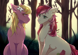 Size: 2380x1683 | Tagged: safe, artist:shinoamashiro, lily, lily valley, roseluck, earth pony, pony, g4, blushing, digital art, duo, duo female, female, flower, flower in hair, grass, looking at you, mare, sitting, tree