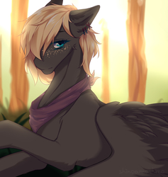 Size: 1800x1900 | Tagged: safe, artist:shinoamashiro, oc, oc only, pegasus, pony, backlighting, clothes, ear piercing, female, freckles, grass, hair over one eye, looking at you, lying down, mare, piercing, scarf, solo, spread wings, tree, wings