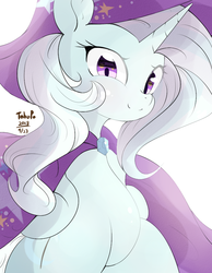 Size: 700x900 | Tagged: safe, artist:tohupo, trixie, pony, unicorn, g4, blushing, cape, clothes, cute, diatrixes, female, gem, hat, looking at you, simple background, smiling, solo, trixie's cape, trixie's hat, white background