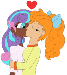 Size: 522x584 | Tagged: safe, artist:icicle-niceicle-1517, artist:sabri2000, princess flurry heart, pumpkin cake, human, g4, bow, collaboration, colored, dark skin, duo, ear piercing, earring, eyes closed, female, heart, hug, humanized, jewelry, kissing, lesbian, older, older flurry heart, older pumpkin cake, piercing, ship:pumpkin heart, shipping, simple background, surprise kiss, surprised, transparent background