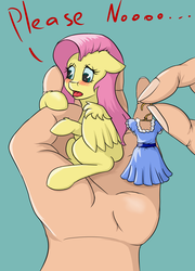 Size: 1440x1998 | Tagged: safe, artist:kittytitikitty, fluttershy, pegasus, pony, g4, blushing, clothes, cute, dialogue, dress, dressup, embarrassed, female, floppy ears, hand, in goliath's palm, mare, micro, shyabetes, sitting, solo, tiny ponies, wings