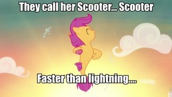 Size: 960x540 | Tagged: safe, edit, edited screencap, screencap, scootaloo, seapony (g4), g4, surf and/or turf, female, flipper, image macro, sea-mcs, seaponified, seapony scootaloo, solo, species swap