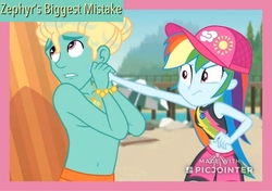 Size: 1024x720 | Tagged: safe, edit, edited screencap, screencap, rainbow dash, zephyr breeze, blue crushed, equestria girls, equestria girls series, g4, beach, clothes, fimfiction, geode of super speed, magical geodes, partial nudity, rainbow dash is not amused, this will end in pain and/or death, topless, unamused