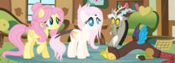 Size: 1053x382 | Tagged: safe, artist:ilaria122, discord, fluttershy, oc, oc:harmony, draconequus, hybrid, pegasus, pony, g4, female, interspecies offspring, male, next generation, offspring, parent:discord, parent:fluttershy, parents:discoshy, ship:discoshy, shipping, simple background, straight