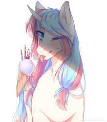 Size: 2537x2900 | Tagged: safe, artist:shinoamashiro, oc, oc only, pony, unicorn, blushing, cherry, curved horn, ear fluff, female, food, hairband, heart, high res, horn, ice cream, looking at you, mare, one eye closed, simple background, solo, tongue out, white background, wink