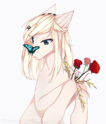 Size: 2348x2749 | Tagged: safe, artist:shinoamashiro, oc, oc only, butterfly, earth pony, pony, ear fluff, female, flower, headband, insect on nose, leg hold, mare, rose, simple background, solo, white background