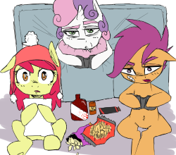 Size: 250x220 | Tagged: safe, anonymous artist, apple bloom, scootaloo, sweetie belle, g4, alternate hairstyle, bags under eyes, bandaid, belly button, candy, controller, couch, cutie mark crusaders, drink, eyebrows, food, gamer belle, hat, hug, picture for breezies, pillow, pillow hug, snacks, tired, video game