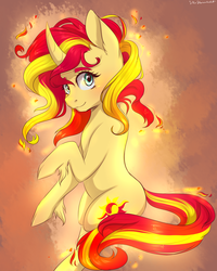Size: 2000x2500 | Tagged: safe, artist:silbersternenlicht, sunset shimmer, pony, unicorn, g4, female, gradient background, high res, looking at you, mare, smiling, solo