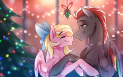 Size: 2518x1588 | Tagged: safe, artist:green brush, artist:green_brush, oc, oc only, oc:bay breeze, oc:mahx, pegasus, pony, bahx, bow, christmas, christmas tree, couple, cute, female, hair bow, holiday, looking at each other, male, mistletoe, oc x oc, romance, romantic, shipping, smiling, straight, tree